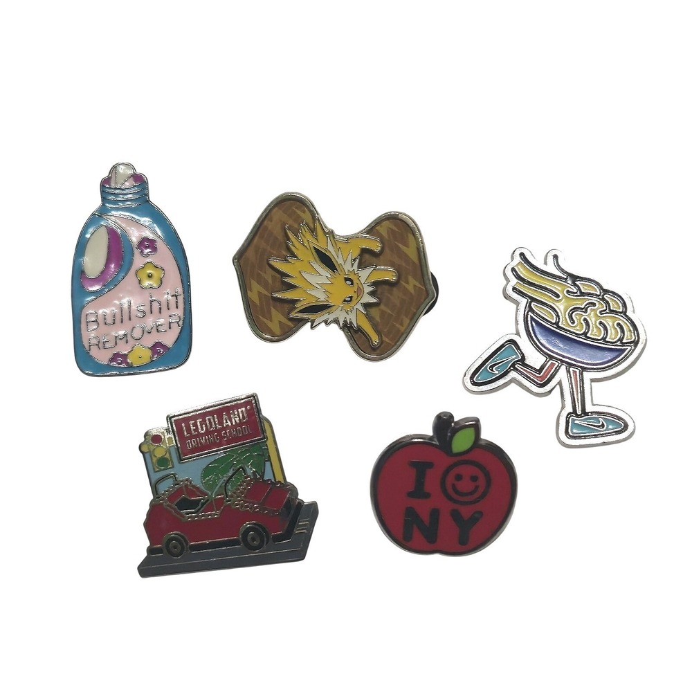 Lot of 5 Novelty Enamel Pins‎ - Jolteon Pokemon, Legoland, I Love NY, Funny